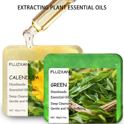 90g FUJZXANS Handmade Essential Oil Soap Bars - Rose, Jasmine, Green Tea, Calendula, Osmanthus, Lavender, Lemon - 7 Long-Lasting