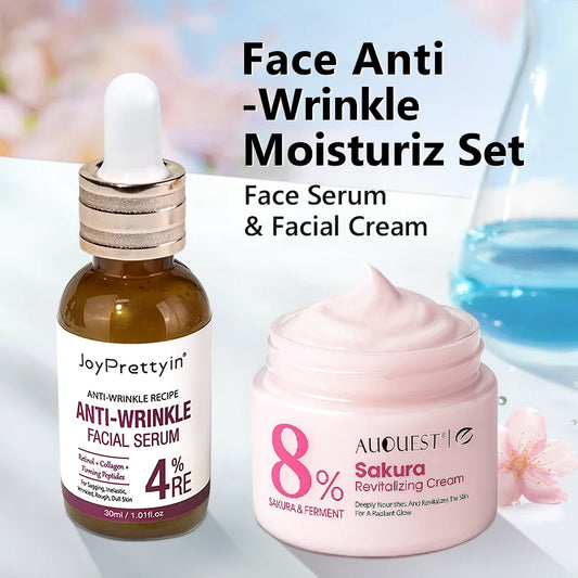 Anti Wrinkle Face Skincare Set Retinol Serum & Sakura Cream Fine Line Remover Anti Aging Nourishing Facial Resurfacing Skin Care