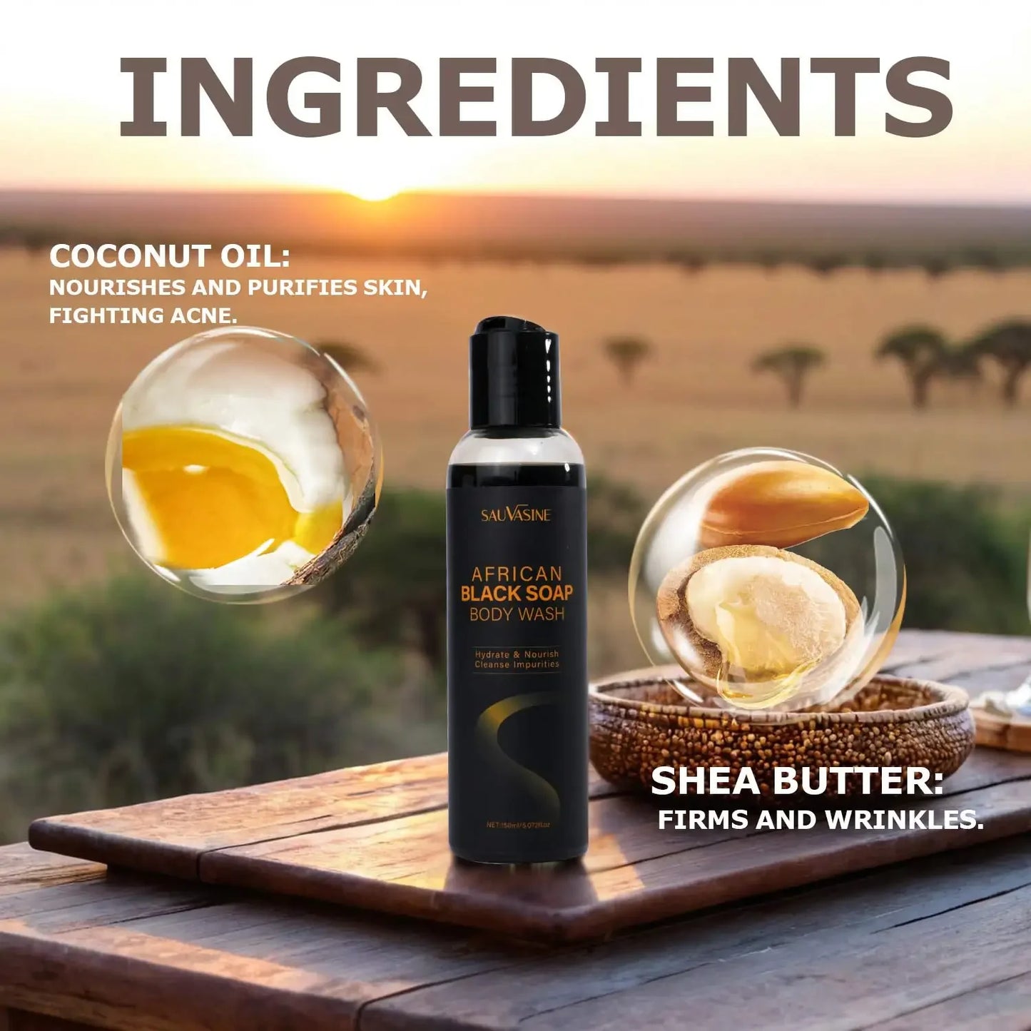 African Black Soap Soothing Body Wash with Shea Butter Deep Cleansing Skin Moisturizing Shower Gel for 24H Visible Body Care