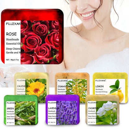 90g FUJZXANS Handmade Essential Oil Soap Bars - Rose, Jasmine, Green Tea, Calendula, Osmanthus, Lavender, Lemon - 7 Long-Lasting